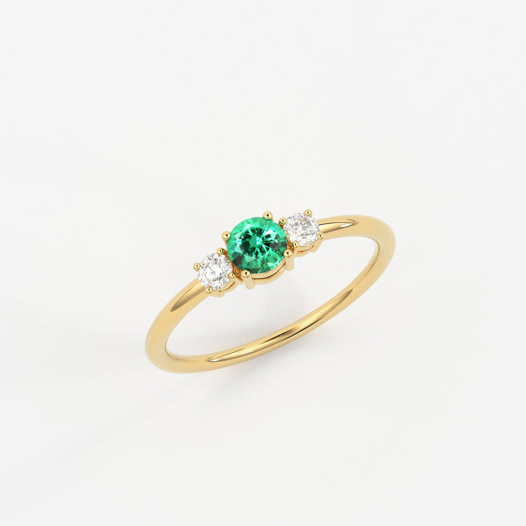 Green Emerald & Diamond Ring, Three Stone Ring with Green Emerald, Three Stone Engagement Ring, May Birthstone Diamond Ring, Emerald Ring - Jalvi & Co.