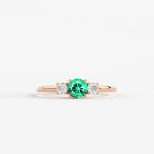 Load image into Gallery viewer, Green Emerald &amp; Diamond Ring, Three Stone Ring with Green Emerald, Three Stone Engagement Ring, May Birthstone Diamond Ring, Emerald Ring - Jalvi &amp; Co.