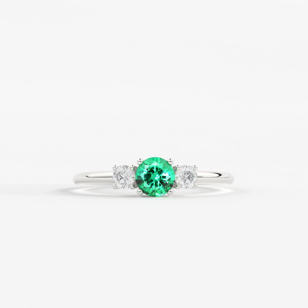 Green Emerald & Diamond Ring, Three Stone Ring with Green Emerald, Three Stone Engagement Ring, May Birthstone Diamond Ring, Emerald Ring - Jalvi & Co.