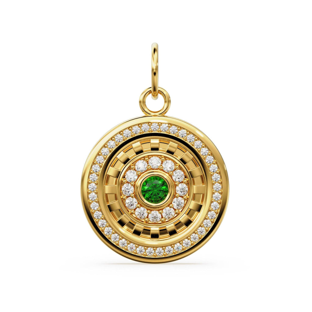 Green Emerald Disc Diamond Solid Gold Charm / Halo Gold Charm / Prong Setting Circle Charm / Real Diamond Jewelry / Diamond Gold Necklace - Jalvi & Co.