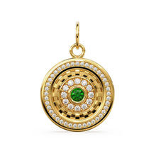 Load image into Gallery viewer, Green Emerald Disc Diamond Solid Gold Charm / Halo Gold Charm / Prong Setting Circle Charm / Real Diamond Jewelry / Diamond Gold Necklace - Jalvi &amp; Co.