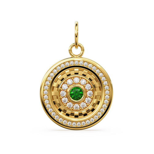 Green Emerald Disc Diamond Solid Gold Charm / Halo Gold Charm / Prong Setting Circle Charm / Real Diamond Jewelry / Diamond Gold Necklace - Jalvi & Co.