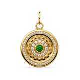 Green Emerald Disc Diamond Solid Gold Charm / Halo Gold Charm / Prong Setting Circle Charm / Real Diamond Jewelry / Diamond Gold Necklace