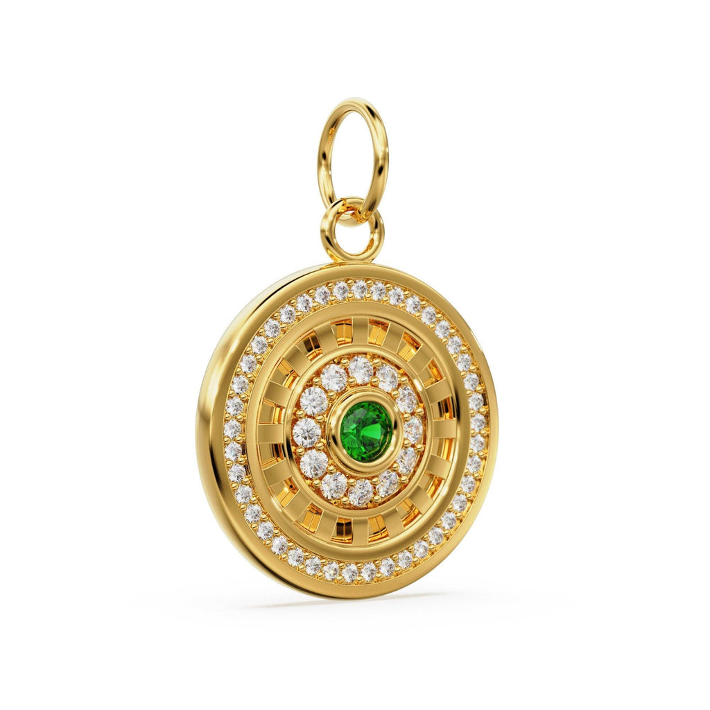 Green Emerald Disc Diamond Solid Gold Charm / Halo Gold Charm / Prong Setting Circle Charm / Real Diamond Jewelry / Diamond Gold Necklace - Jalvi & Co.