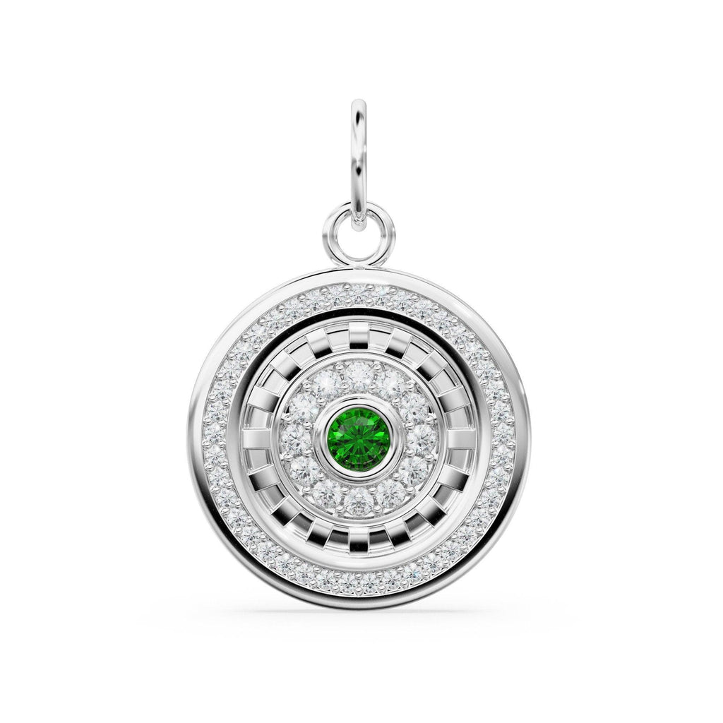 Green Emerald Disc Diamond Solid Gold Charm / Halo Gold Charm / Prong Setting Circle Charm / Real Diamond Jewelry / Diamond Gold Necklace - Jalvi & Co.