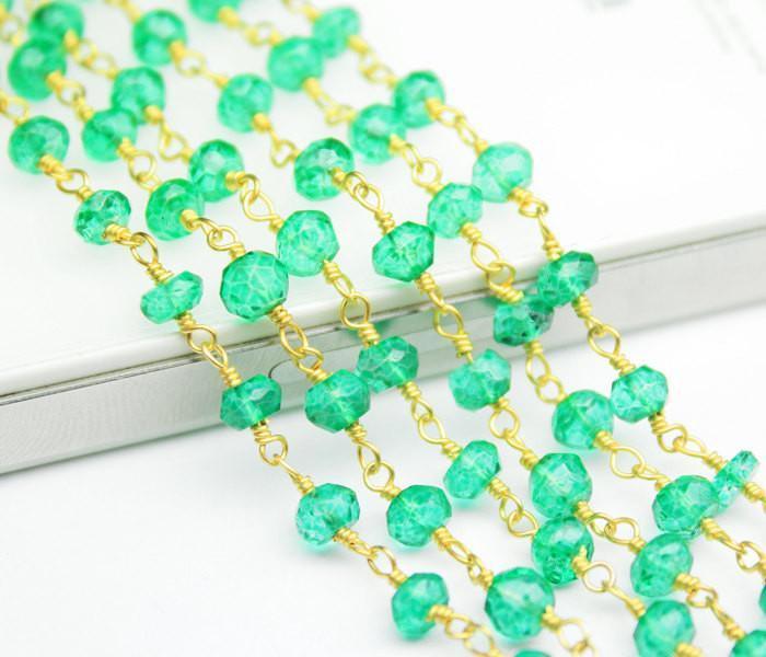 Green Emerald Quartz Faceted Beads Rosary Style Beaded Chain - Green Quartz Wire Wrapper Sterling Silver Vermeil Chain - Size 4mm - Jalvi & Co.