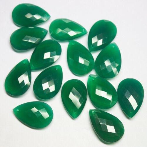 Green Onyx Faceted Pear Drop Briolette FRONT DRILLED Pair Beads 2pc 25x15mm - Jalvi & Co.