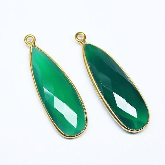 Green Onyx Faceted Pear Drop Gold Vermeil Bezel Charm Pendant 2pc 34mm - Jalvi & Co.