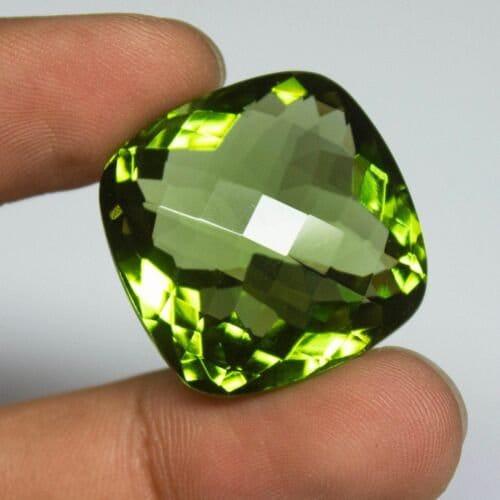 Green Peridot Quartz Cushion Checker Cut Loose Gemstone, 25x25x14mm, 54ct - Jalvi & Co.