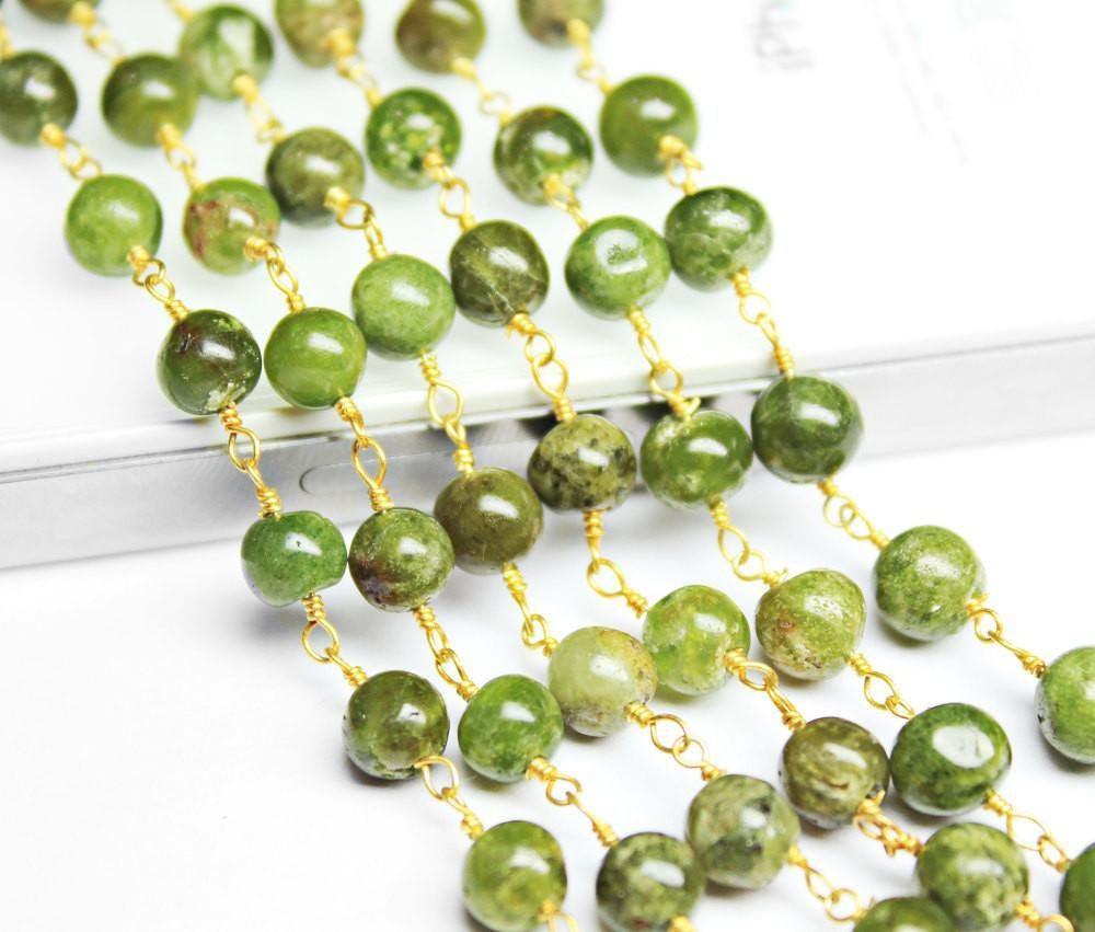 Green Vessonite Garnet Smooth Beads Rosary Style Beaded Chain - Garnet Wire Wrapper Sterling Silver Vermeil Chain - Jalvi & Co.