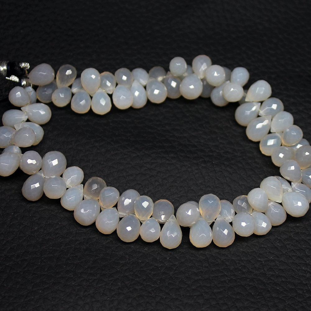 Grey Chalcedony Natural Faceted Tear Drop Briolette Bead 8mm 10mm 9" Strand - Jalvi & Co.