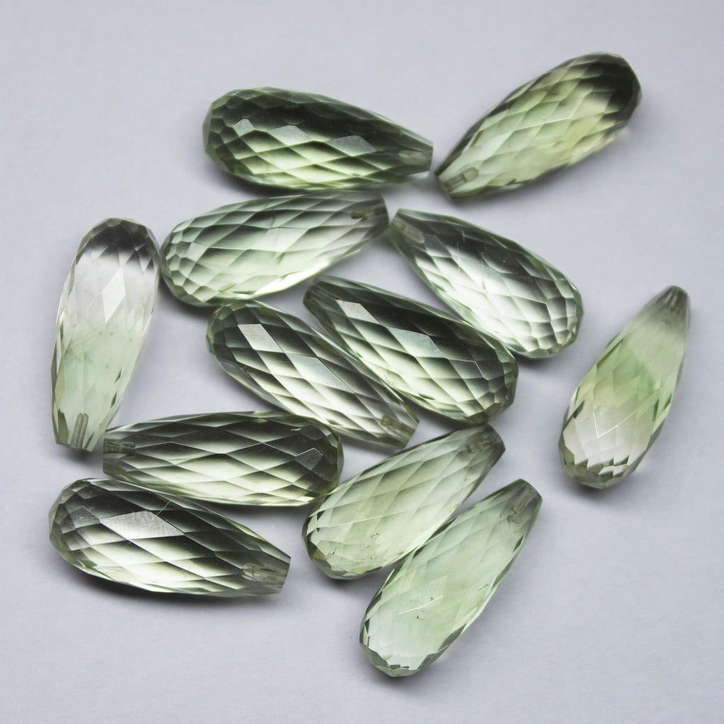 Half Drill, 1 Match Pair, Natural Green Amethyst Faceted Drops Shape Briolettes 8X20mm - Jalvi & Co.