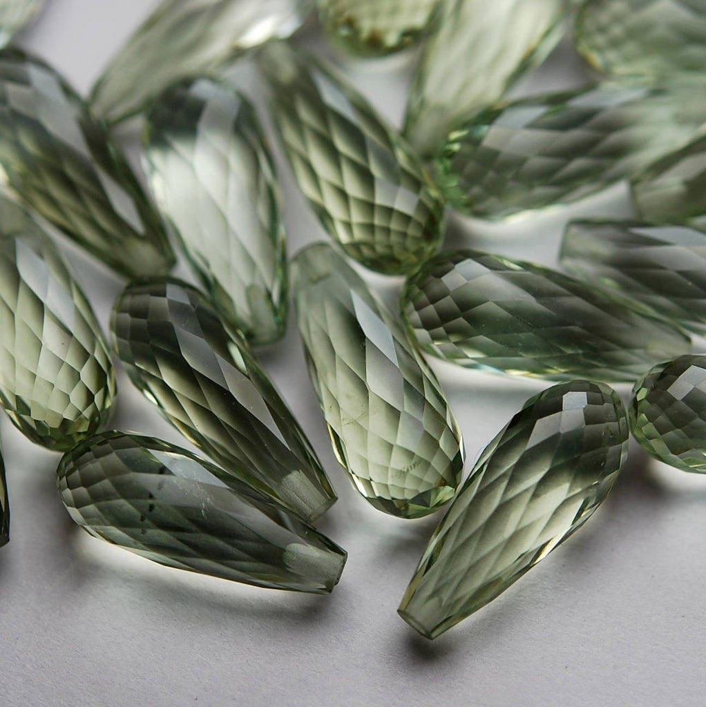 Half Drill, 1 Match Pair, Natural Green Amethyst Faceted Drops Shape Briolettes 8X20mm - Jalvi & Co.