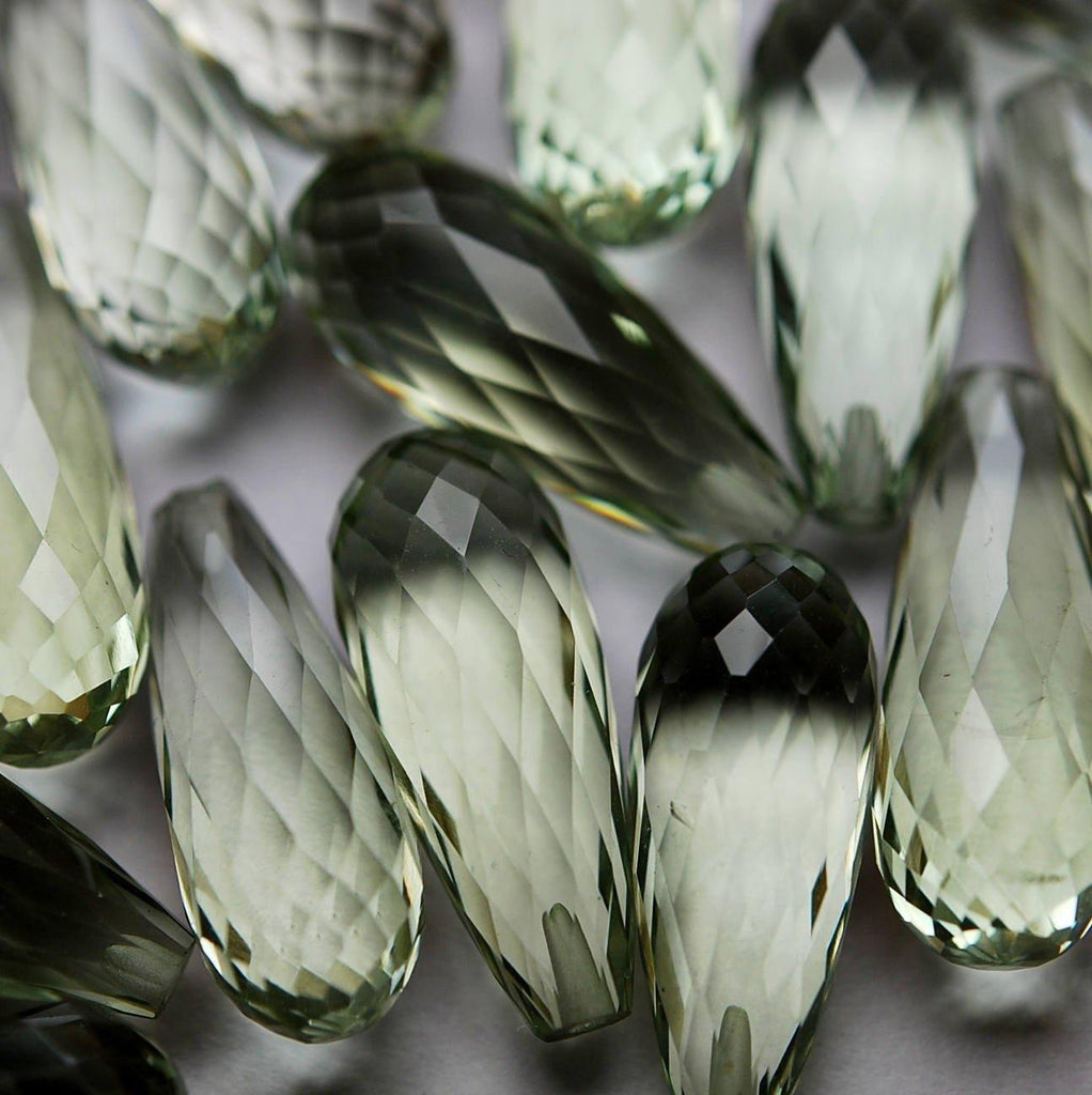 Half Drill, 1 Match Pair, Natural Green Amethyst Faceted Drops Shape Briolettes 8X20mm - Jalvi & Co.