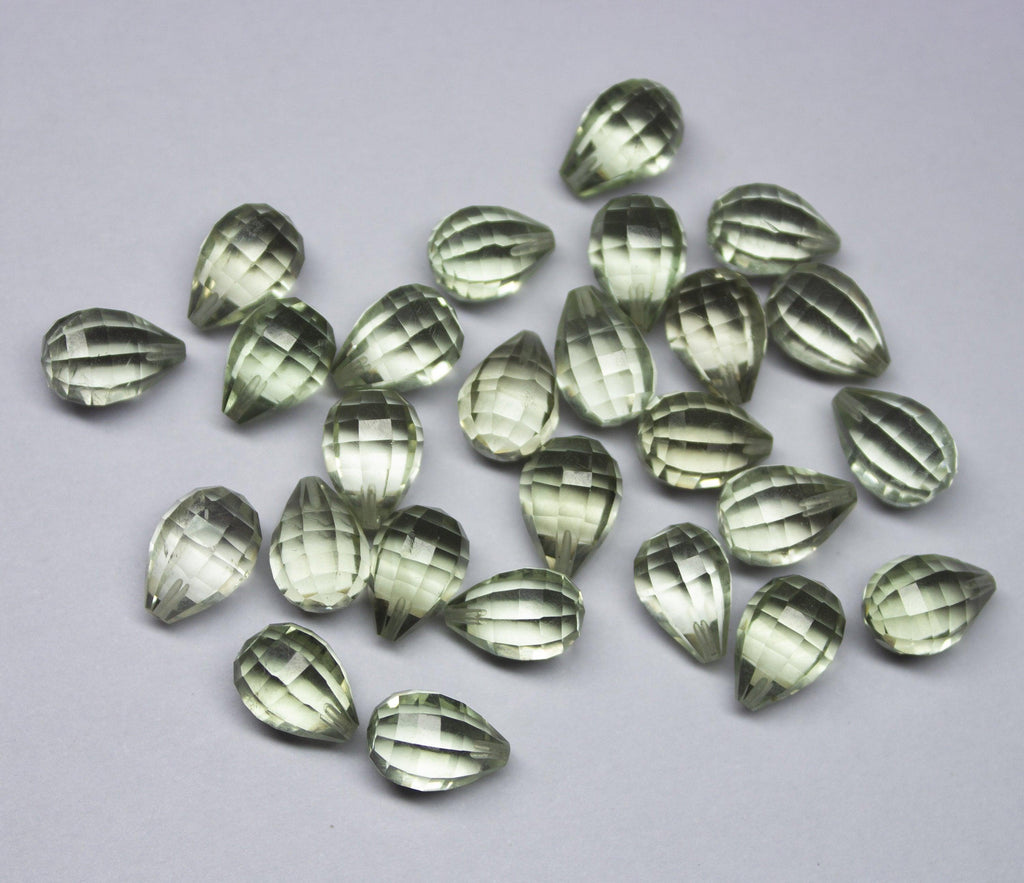 Half Drill, 2 Match Pair,Super Rare Aaa Natural Green Amethyst Step Cut Drops Briolettes Calibrated Size 7X10mm - Jalvi & Co.