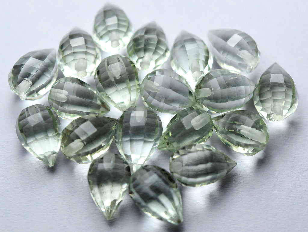 Half Drill, 2 Match Pair,Super Rare Aaa Natural Green Amethyst Step Cut Drops Briolettes Calibrated Size 7X10mm - Jalvi & Co.