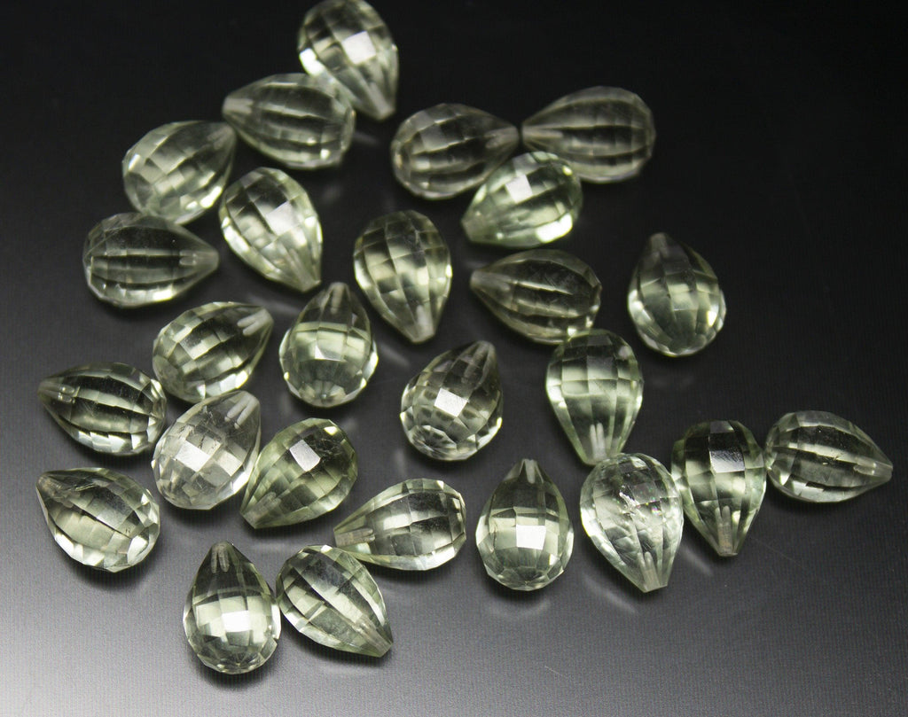 Half Drill, 2 Match Pair,Super Rare Aaa Natural Green Amethyst Step Cut Drops Briolettes Calibrated Size 7X10mm - Jalvi & Co.