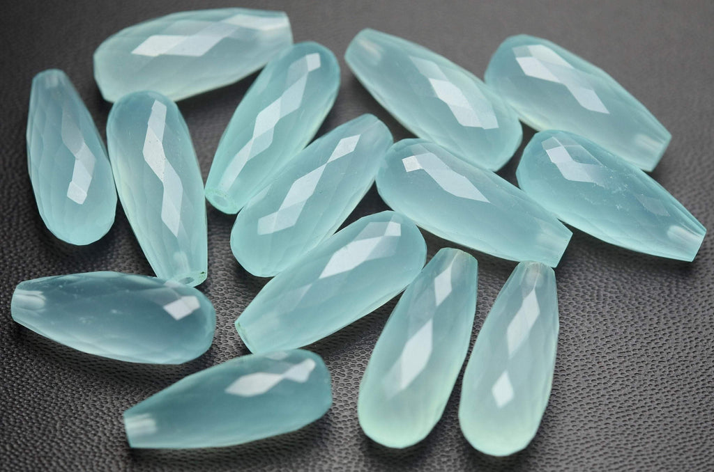 Half Drilled, 1 Match Pair,Super Finest,Super Rare,Aqua Chalcedony Faceted Drops Shape Briolettes 8X20mm - Jalvi & Co.