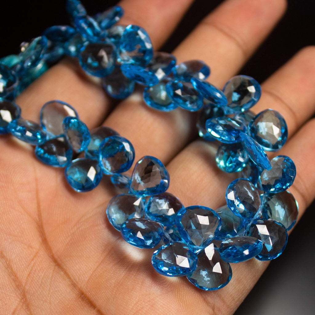 Half Strand, 11-12mm, Natural Swiss Blue Topaz Faceted Heart Drops Briolette Gemstone Beads - AAA Grade Blue Topaz - One of a kind - Jalvi & Co.