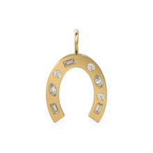 Load image into Gallery viewer, Horseshoe Diamond Solid Gold Charm / Good Luck Diamond Pendant / Lucky Charm Gold Necklace / Handmade Genuine Real Diamond Baguette Jewelry - Jalvi &amp; Co.