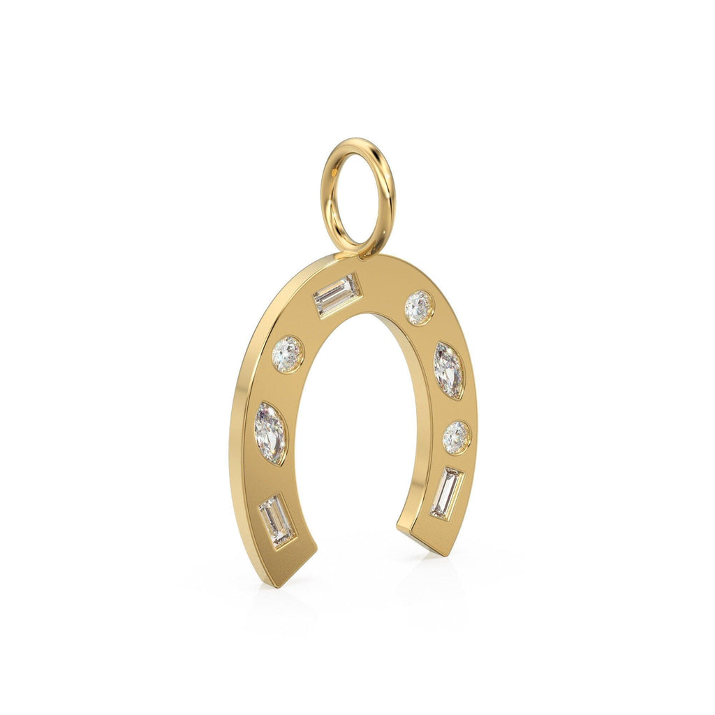 Horseshoe Diamond Solid Gold Charm / Good Luck Diamond Pendant / Lucky Charm Gold Necklace / Handmade Genuine Real Diamond Baguette Jewelry - Jalvi & Co.