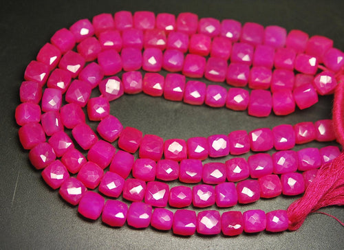 Hot Pink Chalcedony Faceted Box Square Cube Gemstone Loose Beads 8 inch 6mm 7mm - Jalvi & Co.