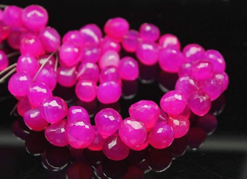 Hot Pink Chalcedony Faceted Briolette Onion Drop Loose Beads Strand 8" 7mm - Jalvi & Co.