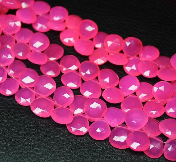 Hot Pink Chalcedony Faceted Heart Drop Briolette Gemstone Loose Pair Beads 8" 10mm - Jalvi & Co.