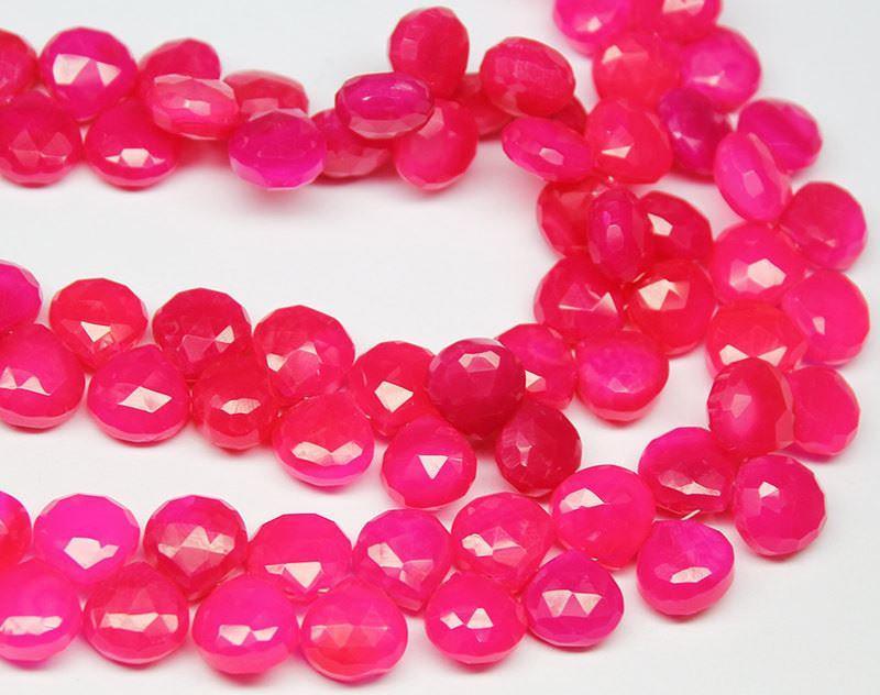 Hot Pink Chalcedony Faceted Heart Drop Loose Gemstone Craft Beads Strand 11mm 8" - Jalvi & Co.