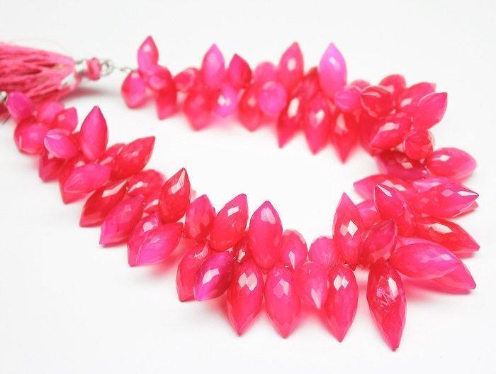 Hot Pink Chalcedony Faceted Puff Marquise Drop Gemstone Bead Strand 8" 7mm 13mm - Jalvi & Co.