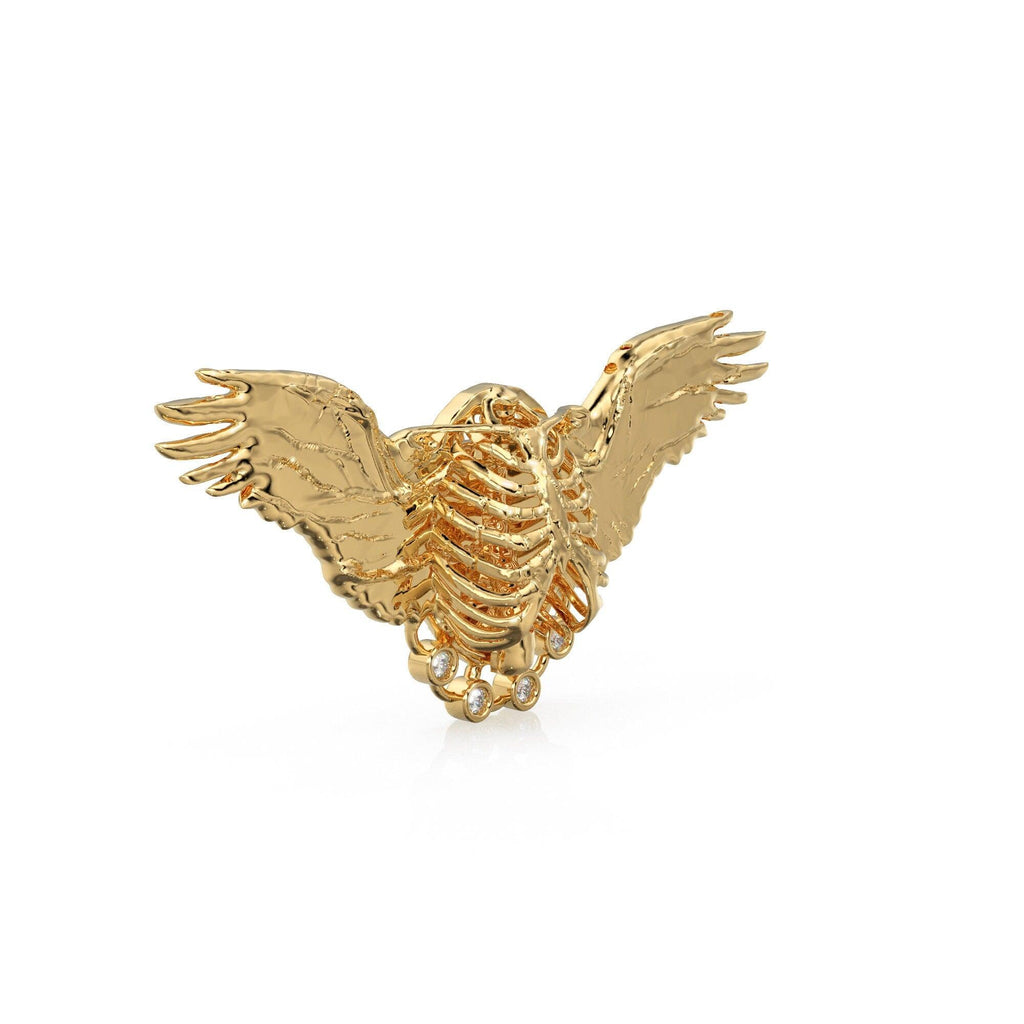 HUGE Angel Ribcage Diamond 14k 18k Solid Gold Charm Pendant, Goth Jewelry Charm, Gold Charm Finding, Skeleton Solid Gold Pendant - Jalvi & Co.