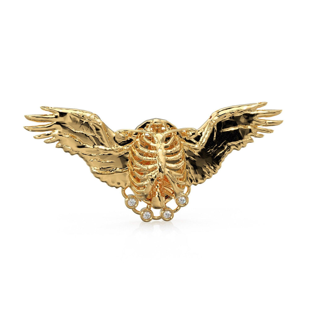 HUGE Angel Ribcage Diamond 14k 18k Solid Gold Charm Pendant, Goth Jewelry Charm, Gold Charm Finding, Skeleton Solid Gold Pendant - Jalvi & Co.