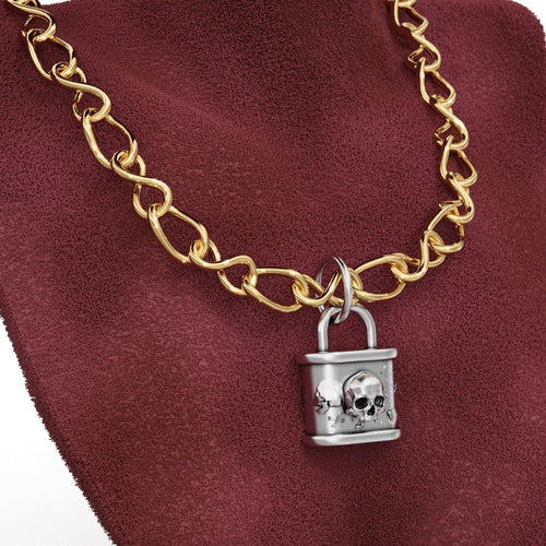 Huge Skull n Bones Padlock 24mm Solid Gold Pendant / 14k 18k Solid Gold Charm / Lock Key Pendant / Jewelry for him / Goth Satan Jewelry - Jalvi & Co.