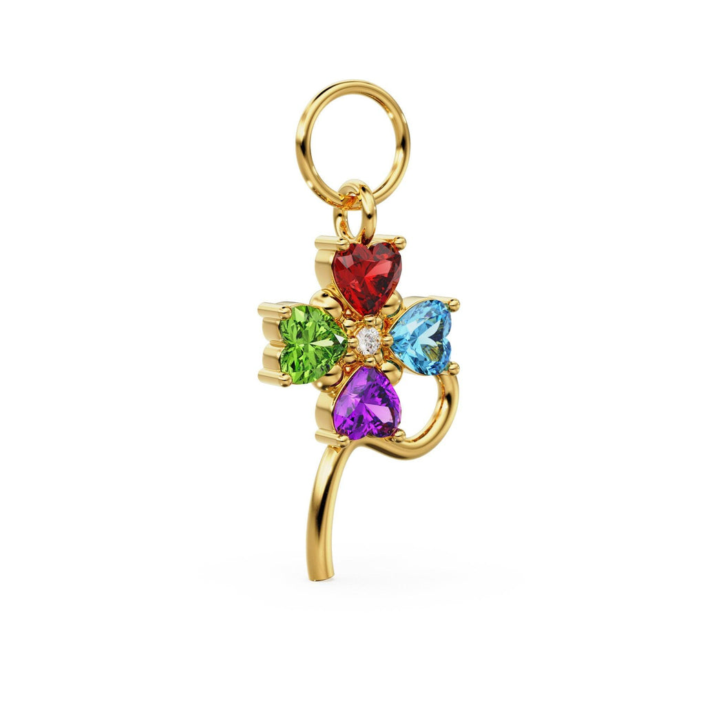 Clover Leaf Multi Gemstone Solid Gold Charm / Topaz Lucky Gold Charm / Peridot Birthstone / Red Garnet Diamond Pendant / Amethyst Finding - Jalvi & Co.