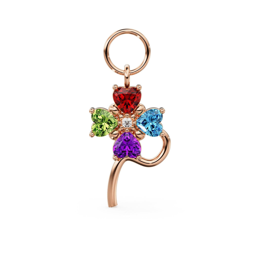 Clover Leaf Multi Gemstone Solid Gold Charm / Topaz Lucky Gold Charm / Peridot Birthstone / Red Garnet Diamond Pendant / Amethyst Finding - Jalvi & Co.