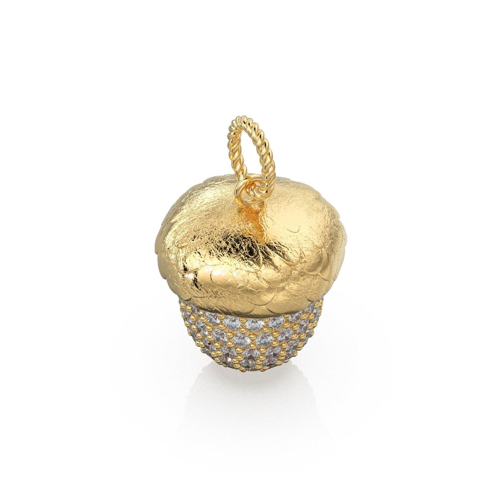 Acorn Solid Gold 18k Diamond Pendant, Luxury Designer Gold Jewelry Gold Gemstone Charm Solid Gold Pendant Gift for her - Jalvi & Co.