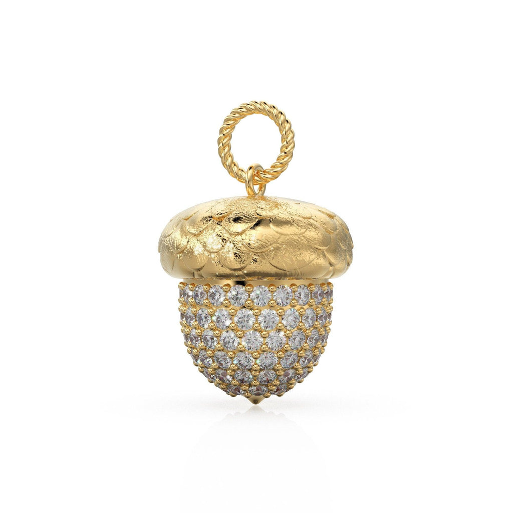 Acorn Solid Gold 18k Diamond Pendant, Luxury Designer Gold Jewelry Gold Gemstone Charm Solid Gold Pendant Gift for her - Jalvi & Co.