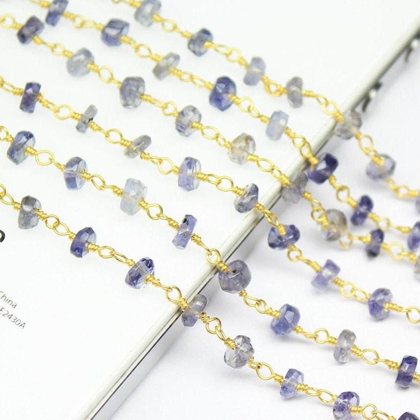 Iolite Water Sapphire Faceted Beads Gold Plated Brass Link Chain 5 x 14" 4mm - Jalvi & Co.