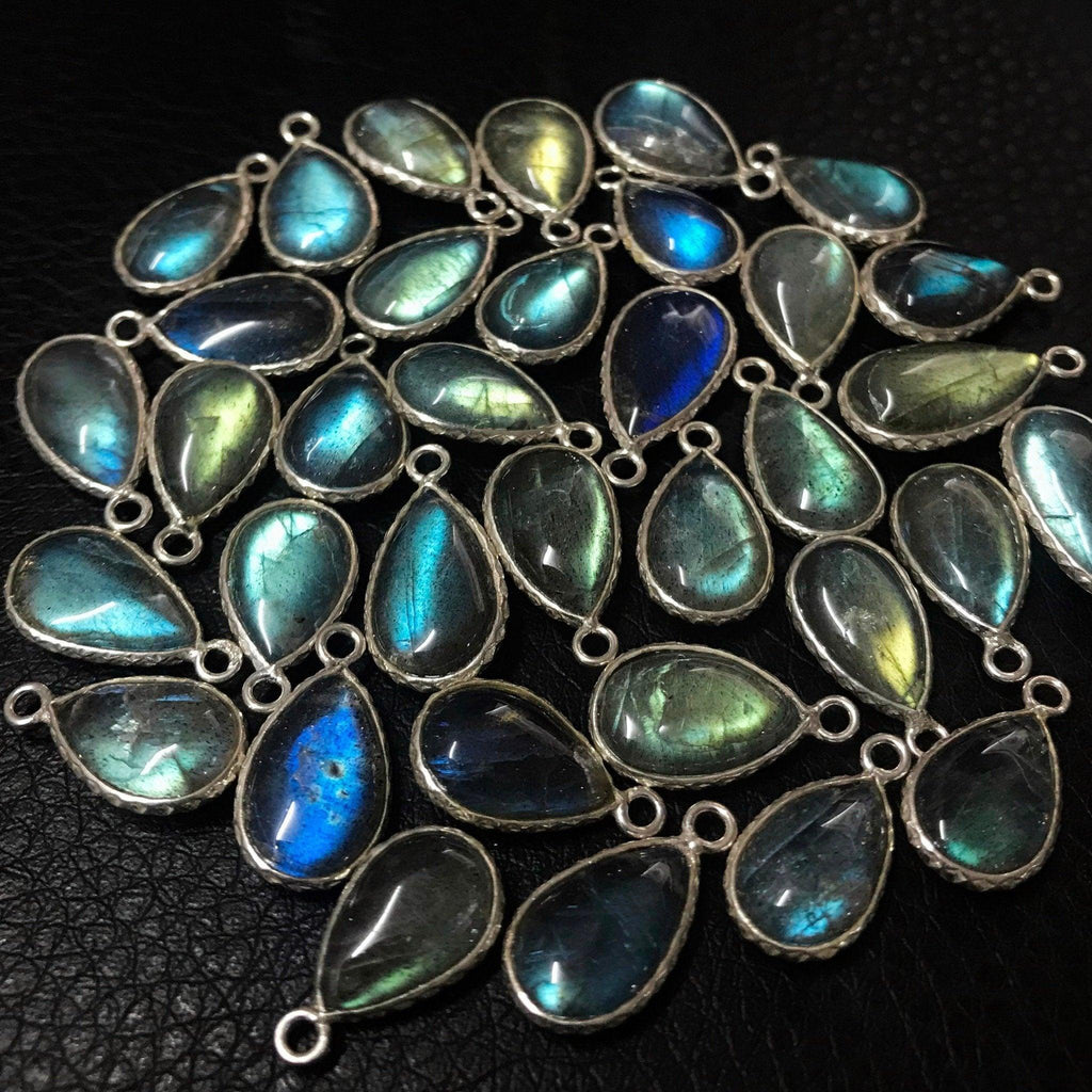 Labradorite .925 Sterling Silver Fancy Pear Charm Pendant Bezel Finding 2pc 15mm - Jalvi & Co.