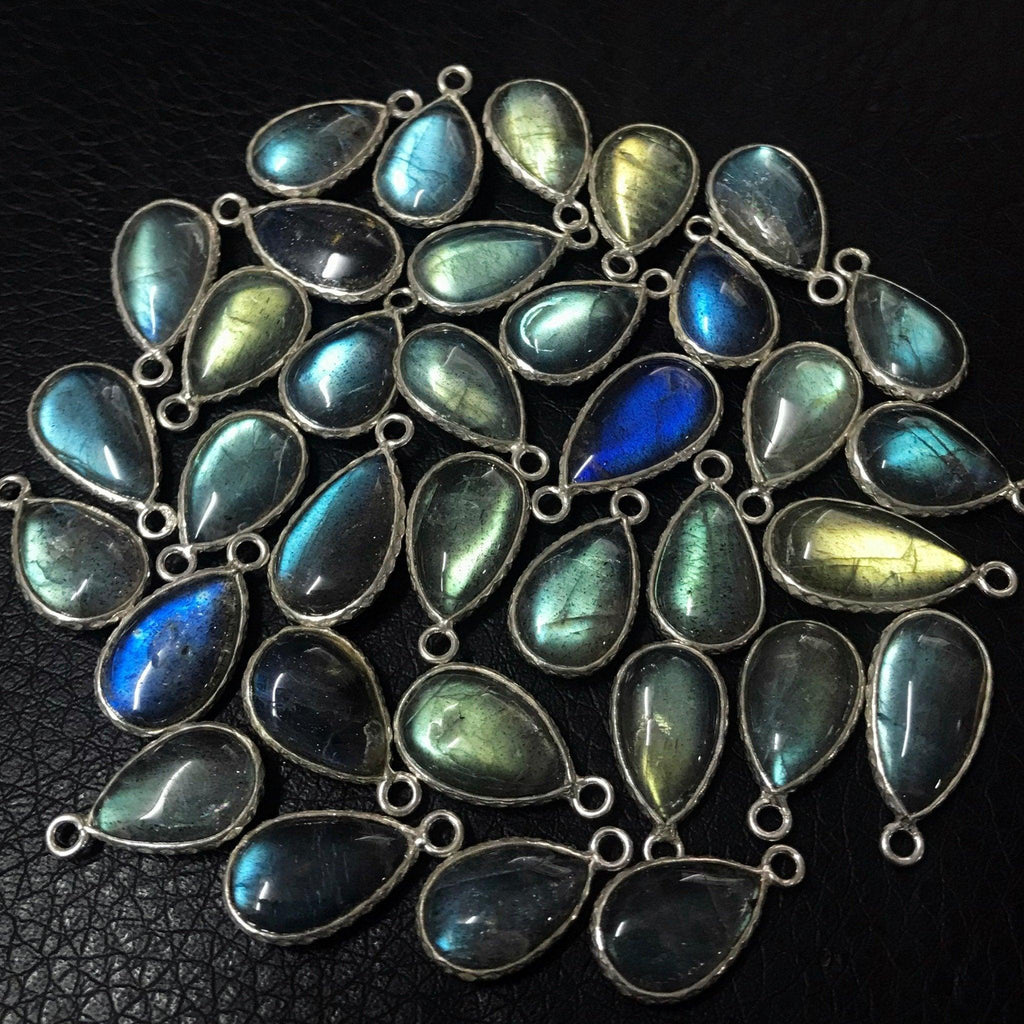Labradorite .925 Sterling Silver Fancy Pear Charm Pendant Bezel Finding 2pc 15mm - Jalvi & Co.