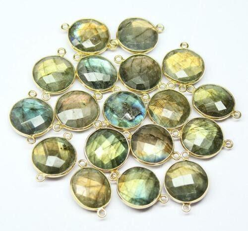 Labradorite Coin 925 Sterling Silver Gold Vermeil Bezel Connector 5pc 21mm - Jalvi & Co.