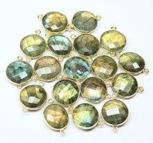 Load image into Gallery viewer, Labradorite Coin 925 Sterling Silver Gold Vermeil Bezel Connector 5pc 21mm - Jalvi &amp; Co.