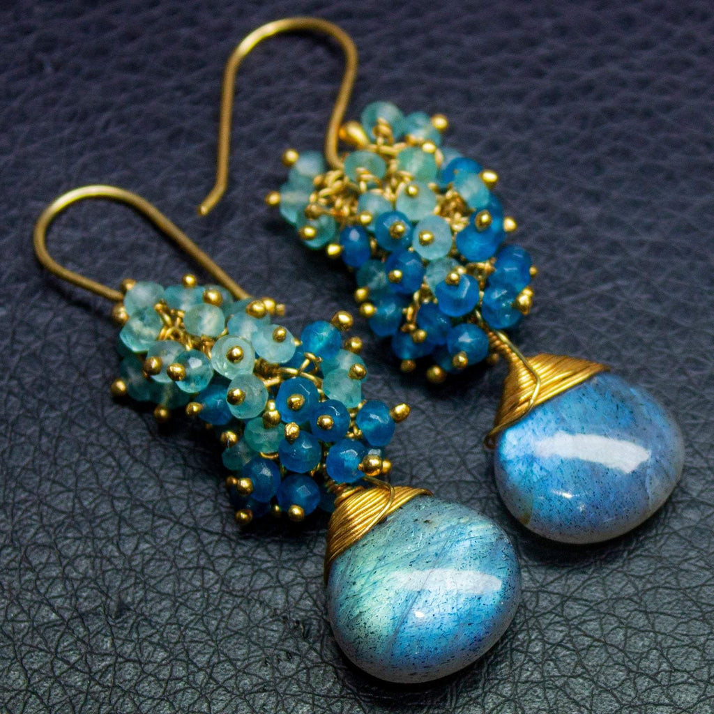 Labradorite Earrings Blue Apatite Earrings Elegant Small Cluster Earrings Apatite Earrings Blue Gemstone Gold Vermeil Earrings - Jalvi & Co.