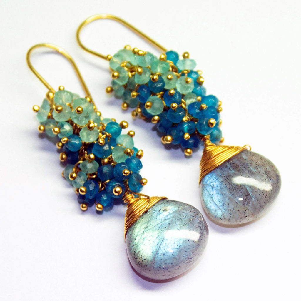 Labradorite Earrings Blue Apatite Earrings Elegant Small Cluster Earrings Apatite Earrings Blue Gemstone Gold Vermeil Earrings - Jalvi & Co.