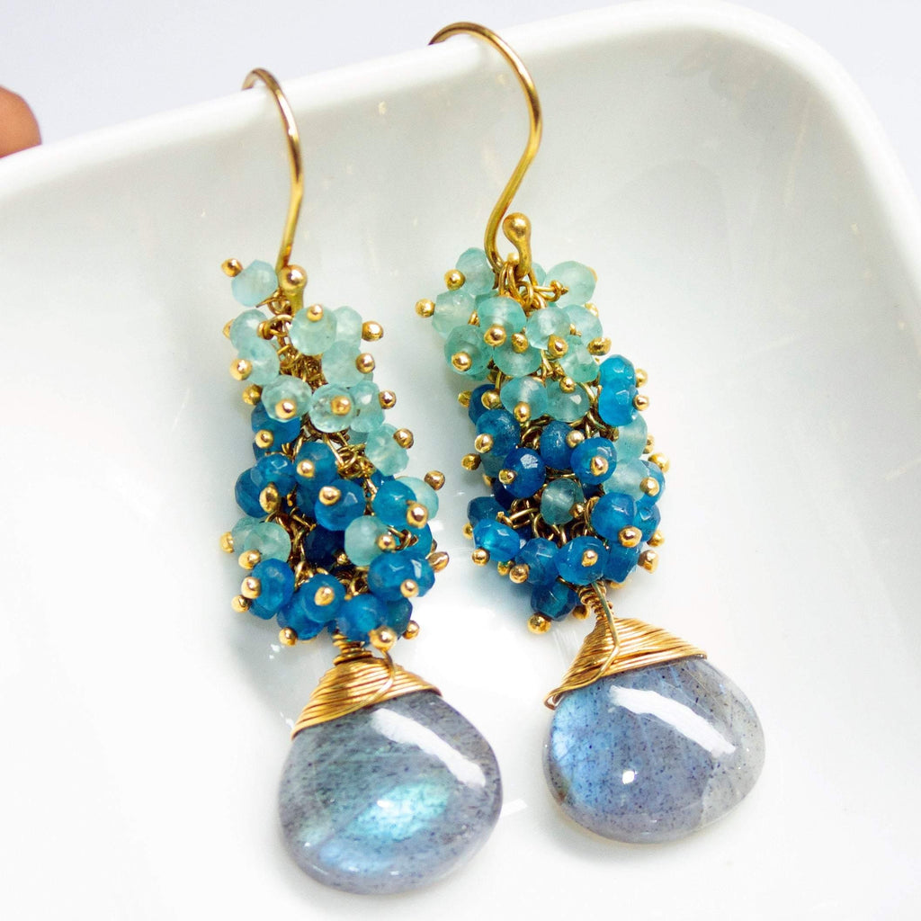 Labradorite Earrings Blue Apatite Earrings Elegant Small Cluster Earrings Apatite Earrings Blue Gemstone Gold Vermeil Earrings - Jalvi & Co.