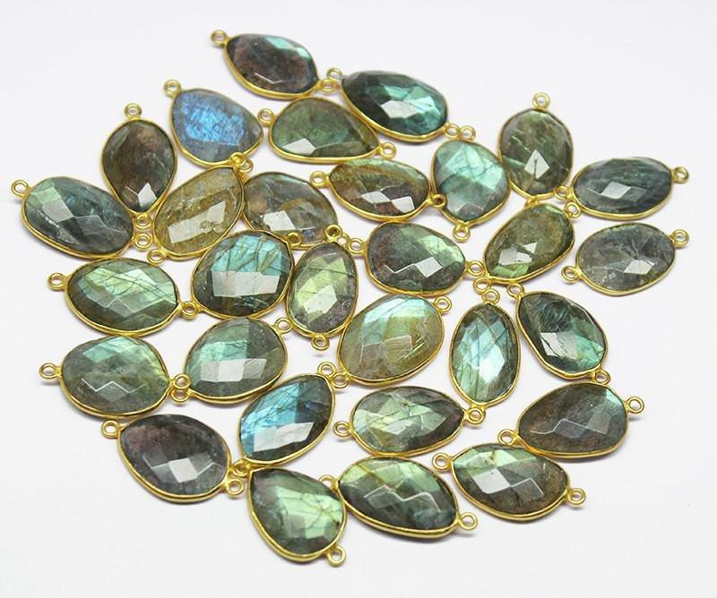 Labradorite Handmade 925 silver Gold Vermeil Bezel Connector Station 2pc 24-23mm - Jalvi & Co.