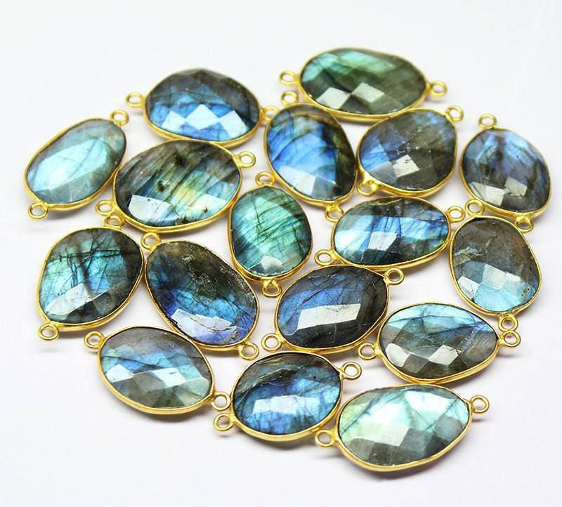 Labradorite Handmade 925 Silver Gold Vermeil Bezel Oval Connector 2pc 25mm - Jalvi & Co.