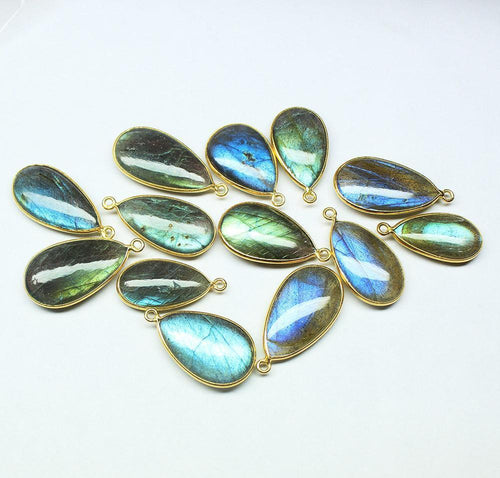 Labradorite Smooth Pear 925 Silver Gold Vermeil Bezel Charm Pendant 1pc 22-23mm - Jalvi & Co.