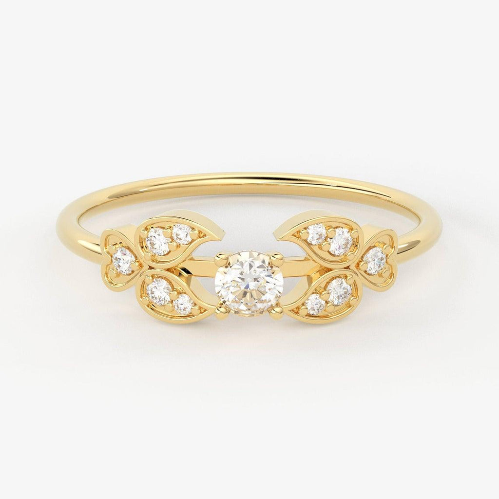 Leaf Diamond Band in 14k Gold / Round Diamond Ring / Gold Band White Diamond Ring / Brilliant Diamond Wedding Band - Jalvi & Co.