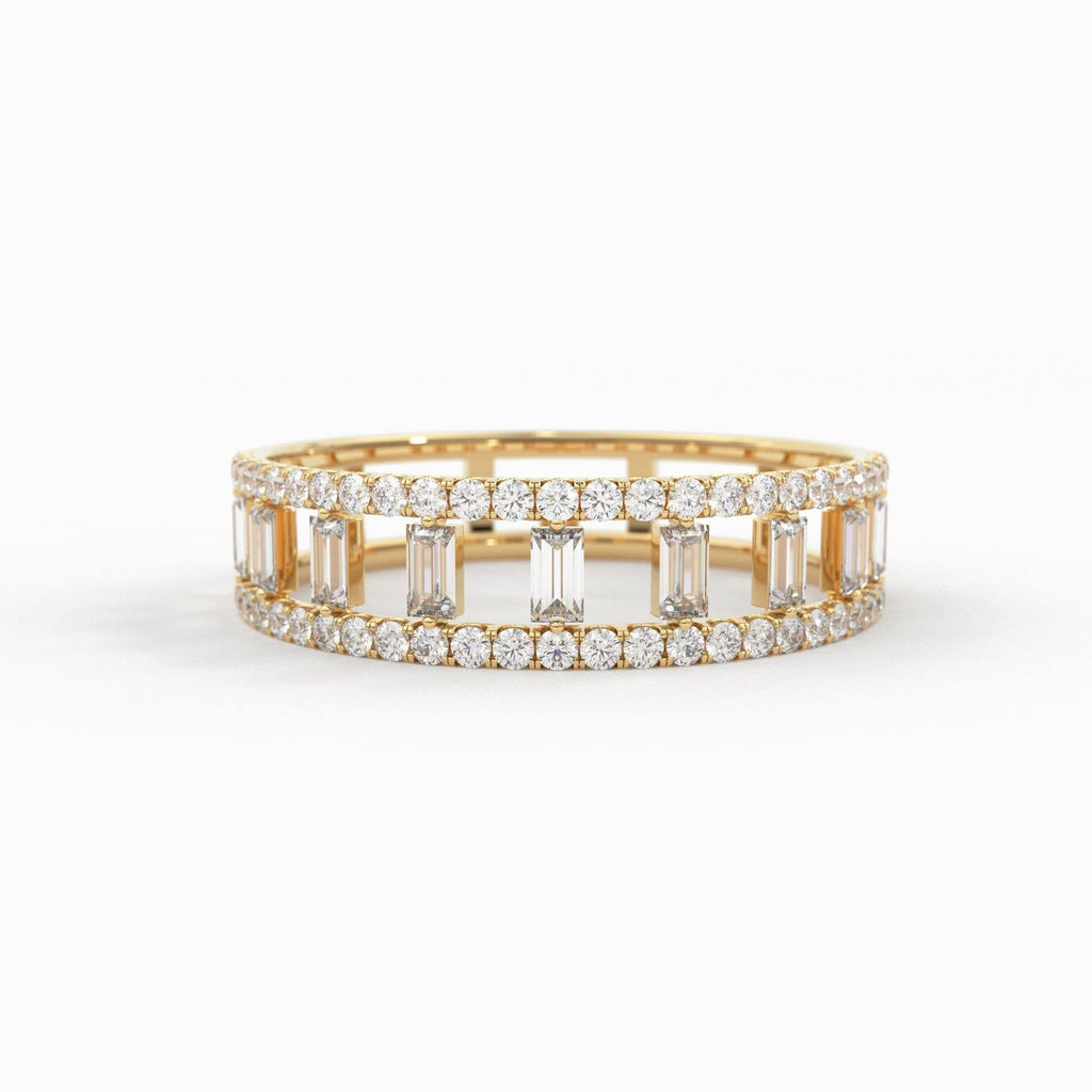 14k Gold Double Row Micro Pave Diamond Ring with Baguette Diamond / Christmas Gift - Jalvi & Co.